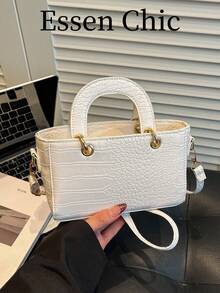 1 pieza Bolso de cuero sintético blanco con estampado de cocodrilo vintage, bolso de mano de primavera para mujer con correa para el hombro - Blanco - Ver 2