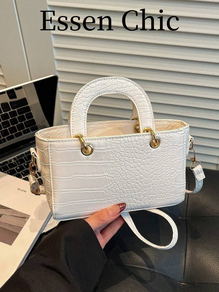 1 pieza Bolso de cuero sintético blanco con estampado de cocodrilo vintage, bolso de mano de primavera para mujer con correa para el hombro