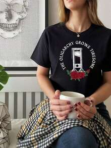 1 pieza de camiseta casual básica de algodón puro para mujer, con diseño gráfico anticapitalista - "La oligarquia crece", camiseta de manga corta con cuello redondo para verano y primavera, blanca con estampado de rosas rojas y tubo de ensayo, temática de la Revolución Francesa, regalo satírico para personas ricas, ropa de declaración política. |     Camiseta satírica |     Impresión con Letras Gruesas 180g 100% Algodón - Negro - Ver 1