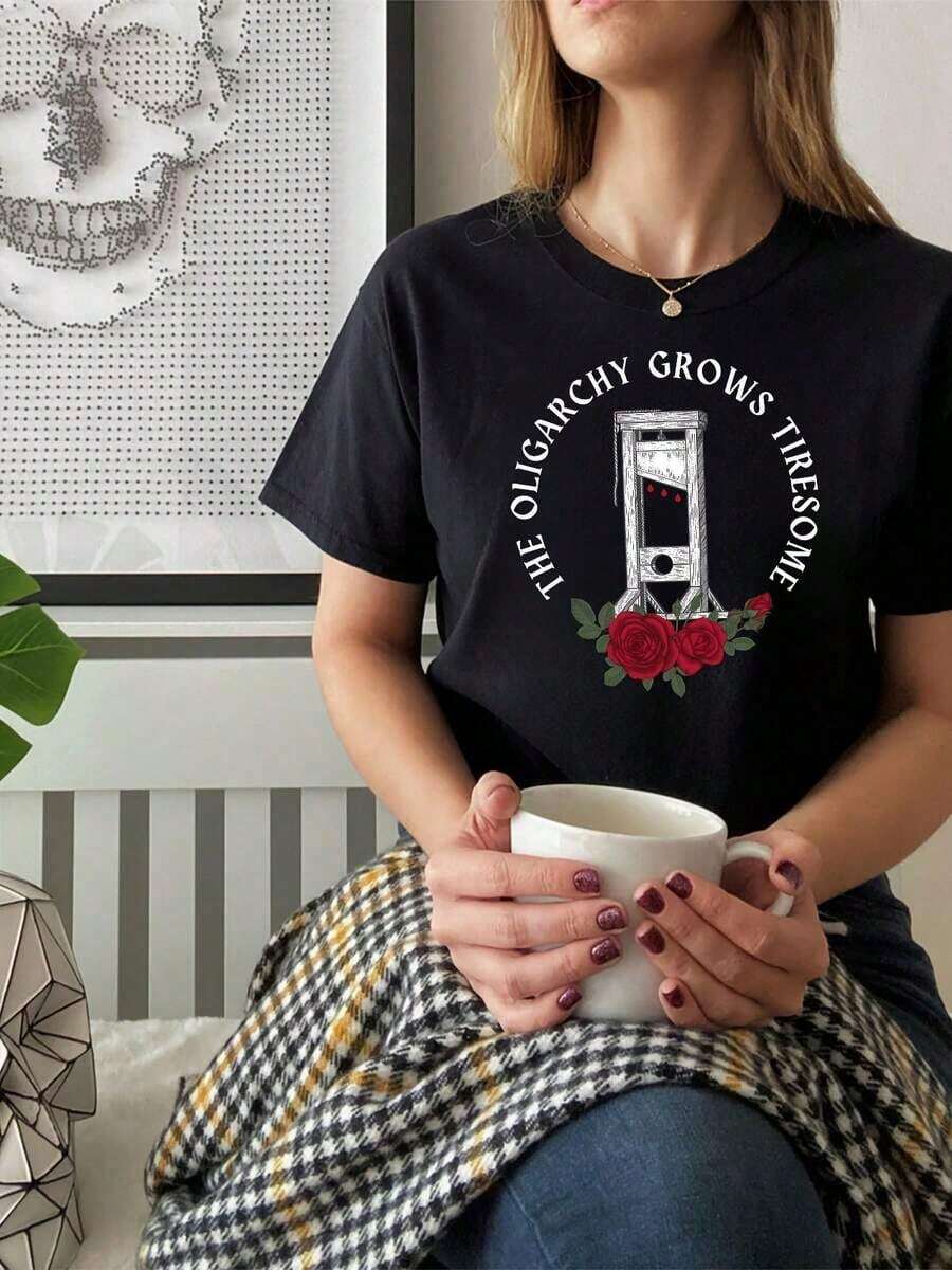 1 pieza de camiseta casual básica de algodón puro para mujer, con diseño gráfico anticapitalista - "La oligarquia crece", camiseta de manga corta con cuello redondo para verano y primavera, blanca con estampado de rosas rojas y tubo de ensayo, temática de la Revolución Francesa, regalo satírico para personas ricas, ropa de declaración política. |     Camiseta satírica |     Impresión con Letras Gruesas 180g 100% Algodón - Negro - Ver 1