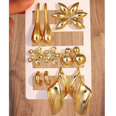 12pcs Women's Gold-Tone Fashion Earring Set, Including Left & Right Ear Flowers, Plain C-Hoops, Lily Flower Studs, Ball Studs, Teardrop Earrings, Elegant Everyday Wear Earring Jewelry Set, Great Gift For Friends & Family