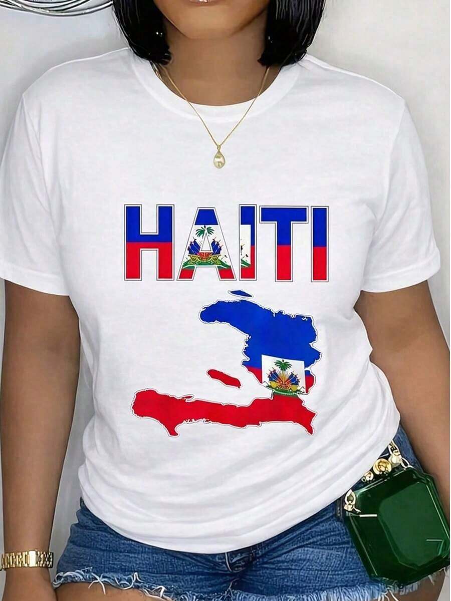 Conjunto de Pascua para Mujer, Camiseta Deportiva Casual de Haití, 100% Algodón, Estilo Casual, Cuello Redondo, Transpirable, Cómoda, Conjunto para Fiesta, playeras de mujer - Blanco 2 - Ver 1