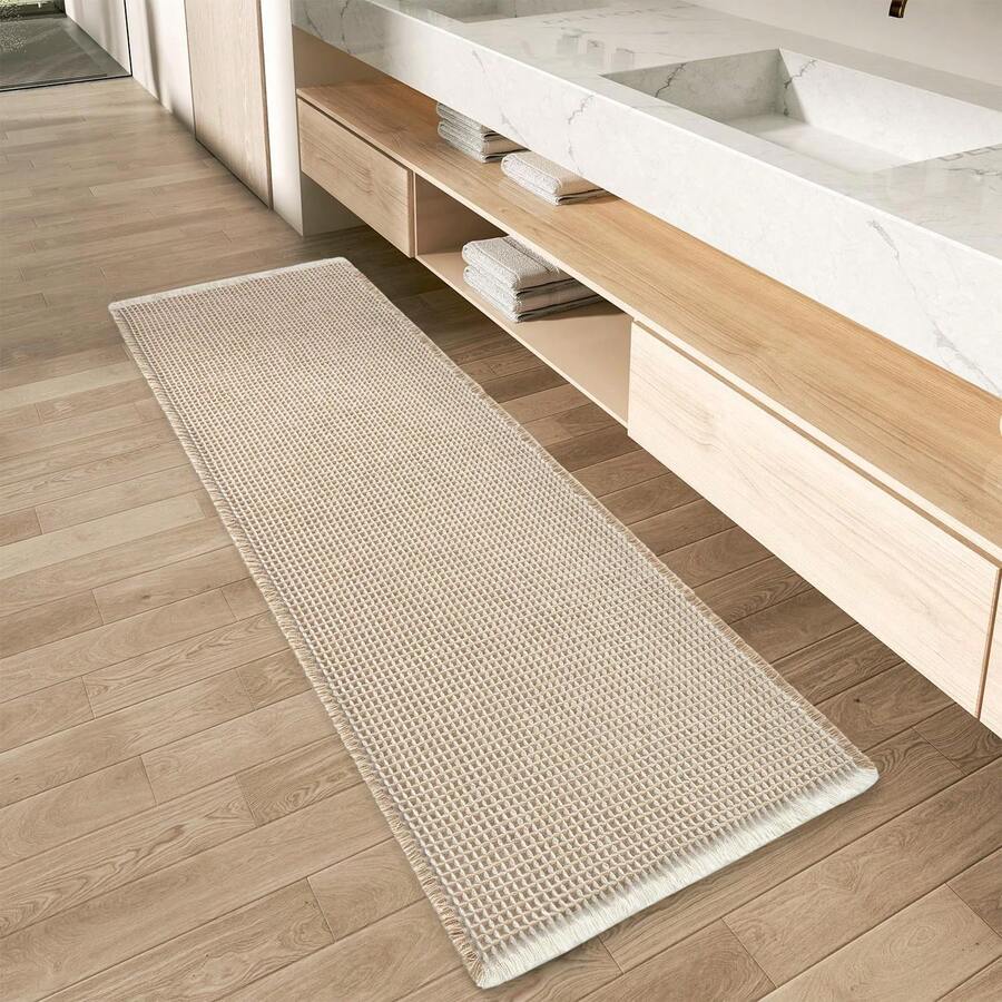 Waffle Bath Mat, Absorbent Non Slip Bathroom Rug With Tassels, Rubber Backed Floor Mat, Machine Washable Decorative Mat For Bathroom, 17" X 24", Brown - Nâu & Kem - Xem 1