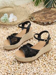 Giày nữ màu trơn có thể điều chỉnh, sandal đế xuồng buộc dây kiểu Pháp, giày hở mũi đế lưới, giày casual đi nghỉ mát, thời trang. - màu đen - Xem 7