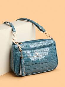 New Fashionable Crossbody Bag For Women, Faux Crocodile Embossed PU Material Shoulder Bag With Adjustable Detachable Strap, Metal Logo & Tassel Decor, Versatile For Daily, Work, Shopping - Blue - View 3