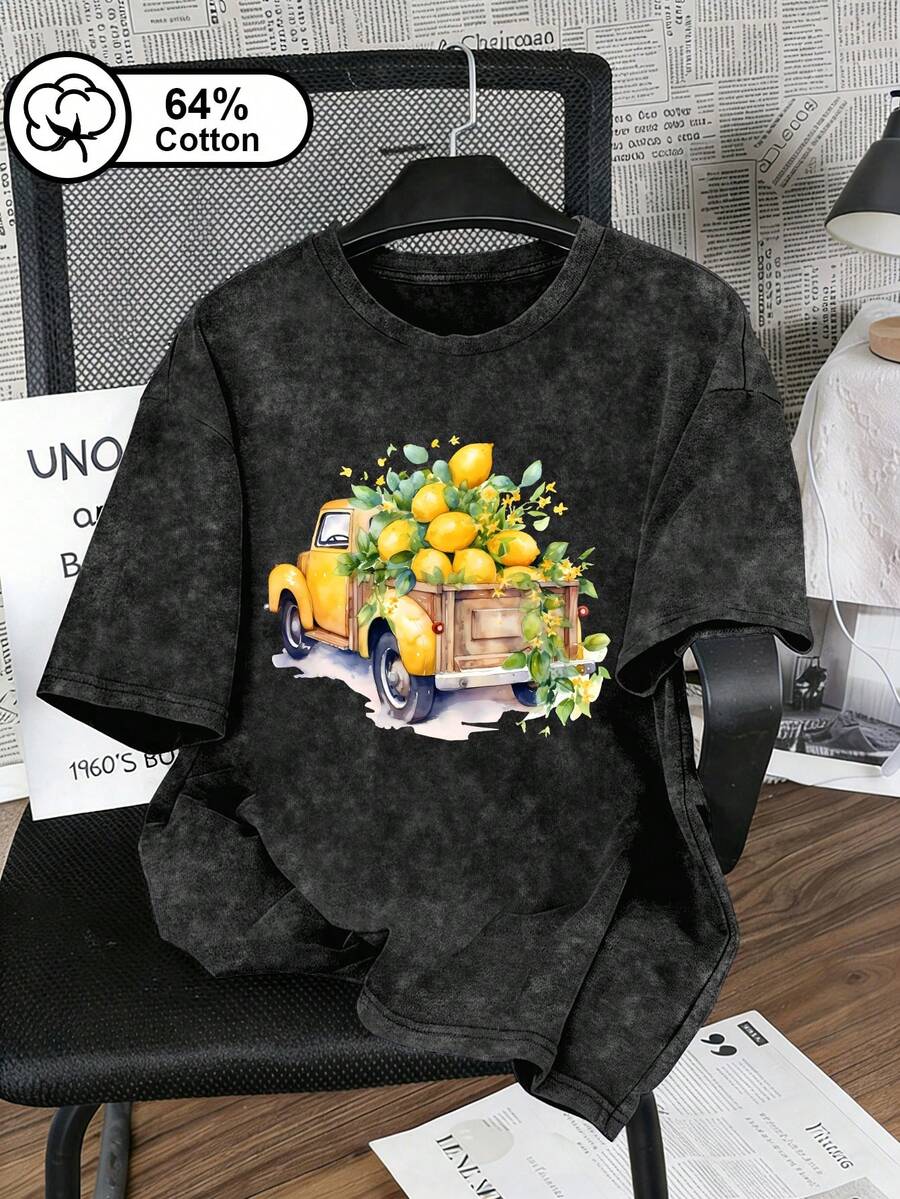 大码女式休闲日常夏季柠檬卡车印花短袖T恤,64%棉复古水洗斑点短袖,夏季清新风格,美式复古度假风,休闲运动风,适合户外穿着,女士夏季上衣,夏季服装,黑色印花 - 黑色 - 查看 1