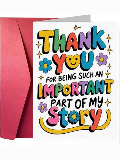 1pc Groovy Thank You Card,Teachers Gift ,Friends Gift - "Important Part Of My Story" Quote, Colorful Floral & Smile Print, For Him/Her/Friends/Teachers