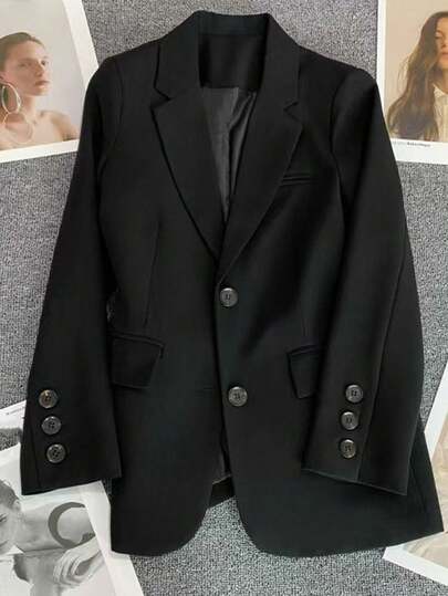 Áo khoác blazer nữ cổ điển cài một hàng khuy, ve áo, màu đen đa năng, phù hợp mặc đi làm hàng ngày, trang phục dự tiệc mùa xuân thu.