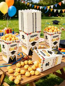Cajas plegables de papel para palomitas de maíz, dulces y aperitivos con diseño de felicitaciones de graduación en negro y dorado para decoración de mesa de fiesta de graduación de escuela secundaria y universidad - Edición de graduación - Ver 6