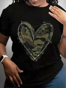 Women's Camouflage Heart Print T-Shirt, Soft And Breathable Cotton, Short Sleeve, Round Neck, For Everyday Wear In Spring And Summer, Casual Camouflage Print T-Shirt. KE5N - 黑色 - 查看 6
