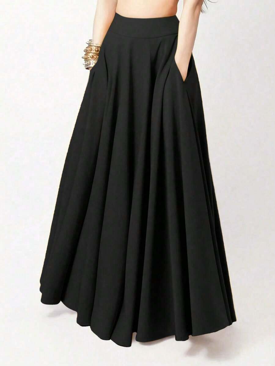 Falda larga casual de unicolor con bolsillos laterales, primavera negro - Negro - Ver 1