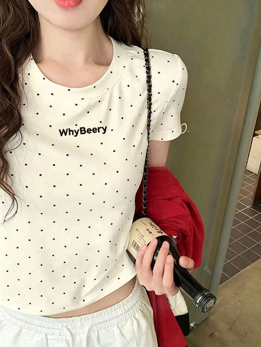 波点圆领短袖T恤，修身版型，女士夏季休闲款 - 杏色 - 查看 1