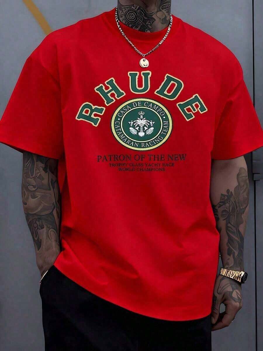 Men's 100% Cotton T-Shirt With A Royal Emblem Print Symbolizing Victory And Prestige, Embodying The Spirit Of The Casa De Campo Rhude Catamaran ; Casual Short-Sleeved T-Shirts For Men And Women - 紅色 - 查看 1