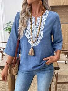 Blusas casuales de mujer de manga larga con escote en pico en unicolor, blusas de manga tres cuartos - Azul - Ver 1