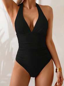 Traje de baño de una pieza con control de abdomen, estilo minimalista de unicolor, con escote halter y espalda descubierta, para vacaciones de verano en la playa - Negro - Ver 6