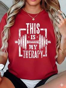 CasualPlayera Negra con Frase "ESTO ES MI TERAPIA" y Gráfico de Mancuerna, Camiseta de Motivación Fitness y Gimnasio, Blusa Oversize Holgada Estilo Grunge, Tops Regalo para Entrenadores y Amantes de PesasMust-have - Rojo - Ver 1