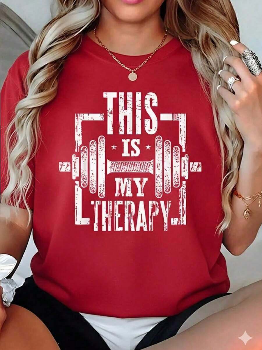 CasualPlayera Negra con Frase "ESTO ES MI TERAPIA" y Gráfico de Mancuerna, Camiseta de Motivación Fitness y Gimnasio, Blusa Oversize Holgada Estilo Grunge, Tops Regalo para Entrenadores y Amantes de PesasMust-have - Rojo - Ver 1