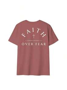 Women's "Faith Over Fear" T-Shirt With Bible Verse, Regular Fit, Christian Inspirational Graphic T-Shirt, Comfortable, Casual Short Sleeve 2026, Round Neck, Faith Clothing For Summer - 紅色 - 查看 3
