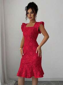 Vestido elegante de jacquard de cuello cuadrado y manga corta para uso diario, verano - Rojo - Ver 5
