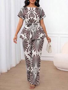 Lady Conjunto de dos piezas de mujer con top de manga corta y pantalones rectos sueltos, de unicolor, tela jacquard casual y elegante, cintura suelta y bajo en A. Apto para usar en primavera, verano y otoño. Atuendos de oficina, de vuelta al colegio, de iglesia, de salida y modestos para el aeropuerto. - Multicolor 2 - Ver 8