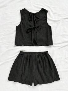 Top sin espalda con textura y lazo, holgado y casual para vacaciones, shorts casuales con elástico en la cintura y bolsillos, para playa y mar - Negro - Ver 2