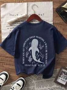 1 pieza de camiseta de manga corta para niñas, con estampado de delfines y motivos tropicales, color gris oscuro, estilo casual, cómoda y a la moda para estudiantes jóvenes, ligera para el verano. - Gris Oscuro - Ver 8