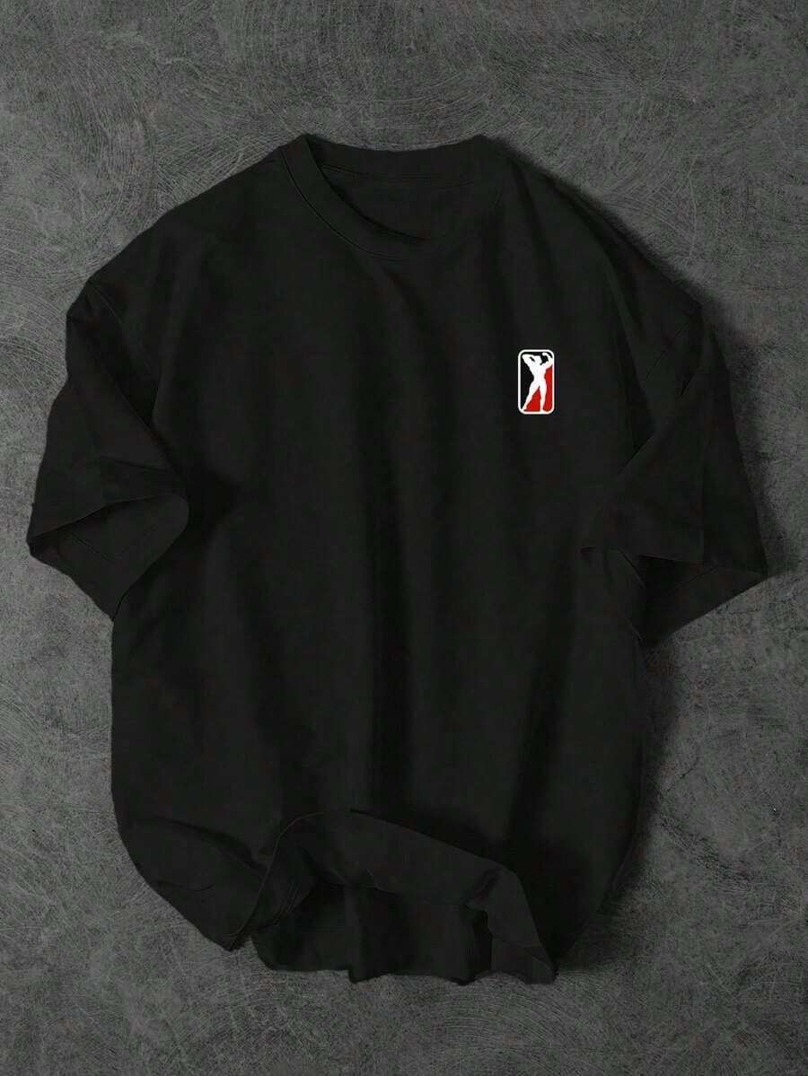 Sport MetroGents Simple Graphic Print Crew Neck Short Sleeve T-Shirt, Breathable Sports Top For Exercise - 黑色 - 查看 1
