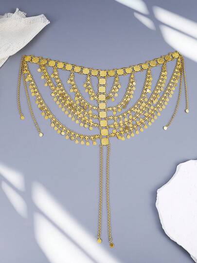 1pc Vintage Gold-Plated Women's Headchain, Coin Tassel Headpiece, Multi-Layer Metal Chain, Arabic Style Headdress, Wedding/Festival Robe Accessory Jewelry