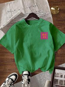 Camiseta básica casual de mujer con cuello redondo y manga corta estampada - Verde - Ver 2