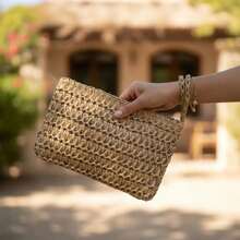 Bolsa Clutch Bolsinha Mão Palha Alça Porta Celular Níquel - Caramelo - Visão 2