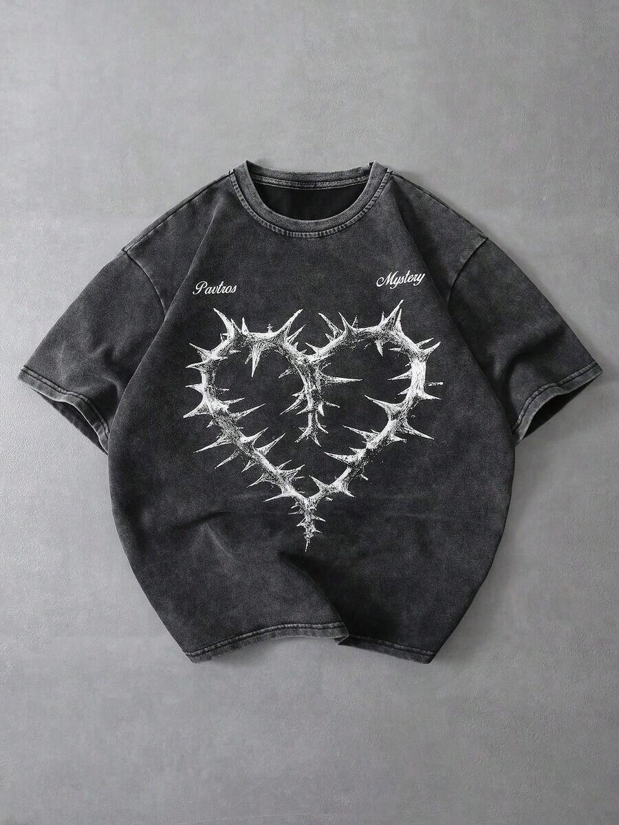 Camiseta de Hombre Estilo Urbano INS, Tejido Lavado con Estampado de Letras Oscuras, Ideal para Festivales de Música, Discotecas, Regalo para Novio/Esposo, Regalo de Aniversario, Camiseta Gótica, Camiseta Desgastada, Camiseta con Lavado Ácido, Camiseta Gráfica, Camiseta Gráfica con Lavado Ácido - Negro - Ver 1