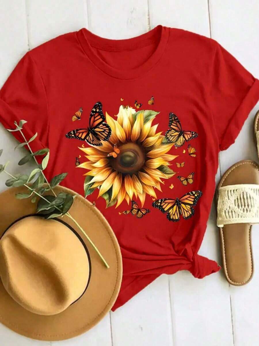 New Women's Summer Casual T-Shirt With Sunflower And Butterfly Print, Short Sleeve Round Neck T-Shirt, Women's Spring-Summer Clothing, Casual, Comfortable And Versatile, Local Delivery, 100% Cotton, Breathable And Comfortable - Unisex Short Sleeve T-Shirt, Round Neck, Urban Vintage Style, Loose Cotton. - 紅色 - 查看 1