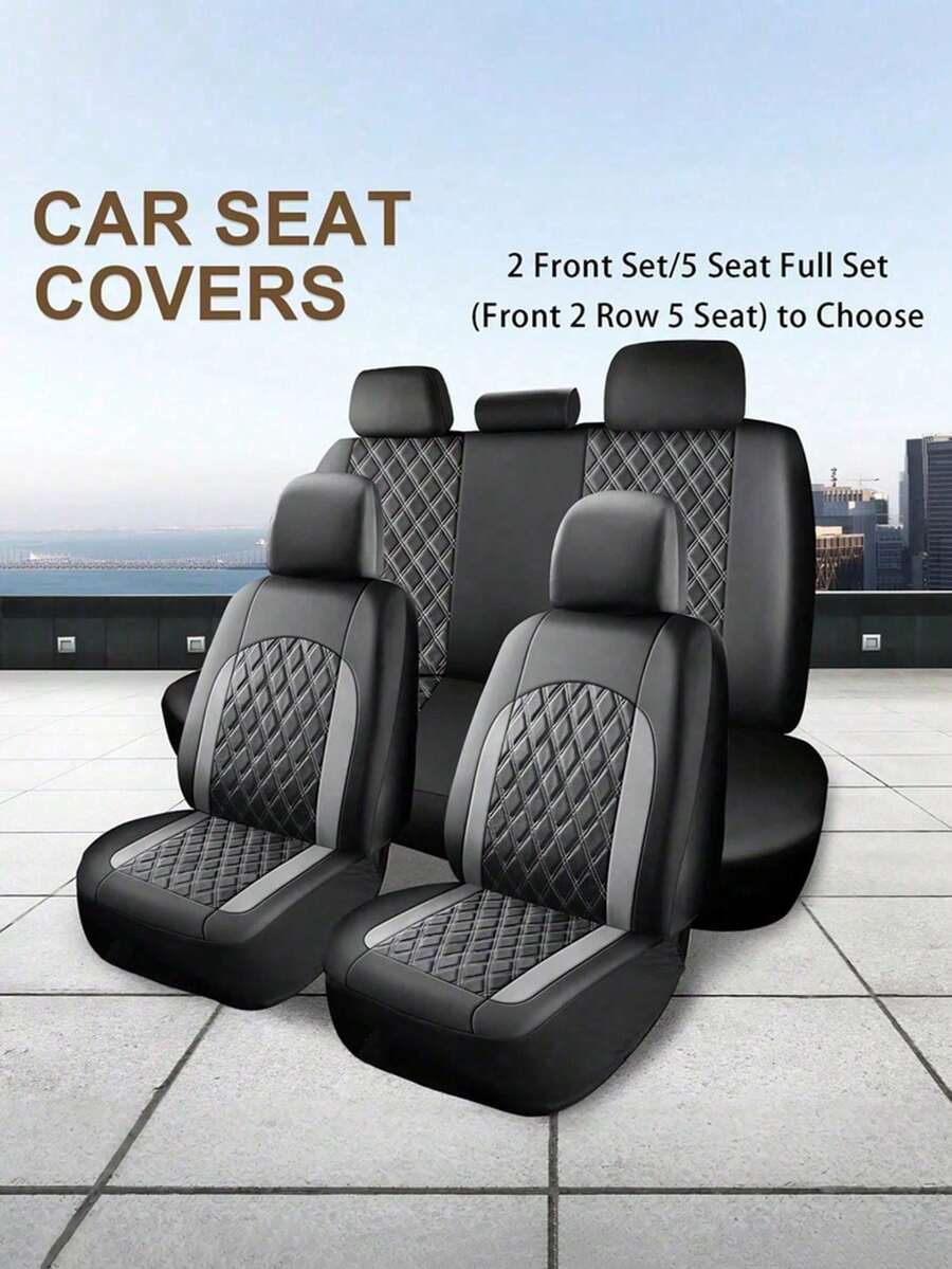 Universal Car Seat Covers, PU Leather Diamond Quilted Seat Cover Set, 2 Front/5 Seats, Non-Slip Backing, Suitable For Sedans, SUVs, Trucks, Easy Installation - A - View 1