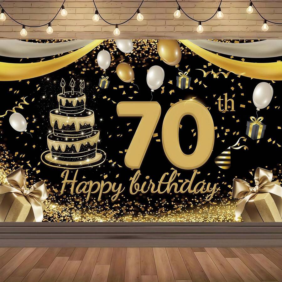 1 件 70 岁生日快乐背景布,黑色和金色生日庆祝背景装饰背景布,非常适合装饰父母的 70 岁生日派对,也适合装饰 70 岁生日派对、70 岁蛋糕桌和 70 岁摄影背景布。 - 多色 - 查看 1