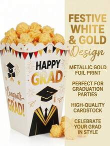 Cajas plegables de papel para palomitas de maíz, dulces y aperitivos con diseño de felicitaciones de graduación en negro y dorado para decoración de mesa de fiesta de graduación de escuela secundaria y universidad - Edición de graduación - Ver 8