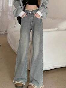 Jeans acampanados desgastados con bolsillos en sesgo, casual de primavera - gris verde - Ver 2