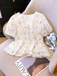 Blusa de mujer con escote en V bordada de estilo romántico francés de manga corta - Blanco - Ver 3