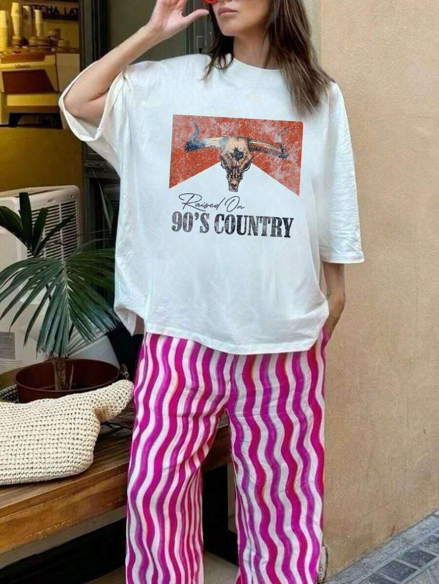 Soft Camiseta de mujer estilo occidental con calavera de toro, estilo retro de los 90, música country, uso casual, para maestros, de vuelta a la escuela, uniforme escolar, disfraz de Halloween, blanco verano pattern - Blanco - Ver 1