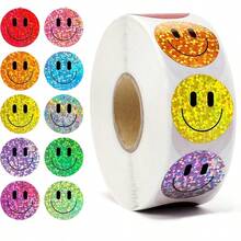 500pcs Colorful Glitter Smiling Face Stickers/10 Colors Shiny Stickers For Gift Boxes, Envelopes, Scrapbooks, Back To School, Glitter Laser Stars And Happy Face Stickers, 1 Inch Round Stationery Stickers - Multicolor - View 2