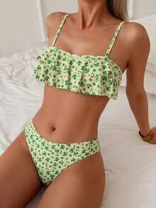 Swim Mod Floral Trim Cute Tropical Sweet Retro Casual Holiday Beach Holiday Pool Party Vacation Women Swimsuit Set White And Pink Summer - 綠色 - 查看 3