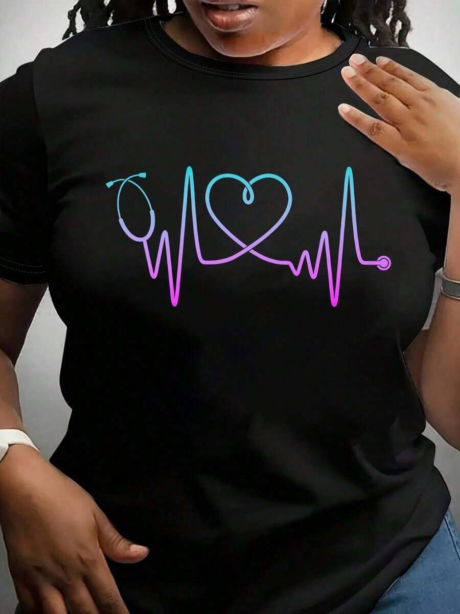 Camiseta de talla grande con estampado de estetoscopio de enfermera - Cómoda, cuello redondo, manga corta - Perfecta para primavera/verano/otoño - Transpirable y cómoda - Negro - Ver 1
