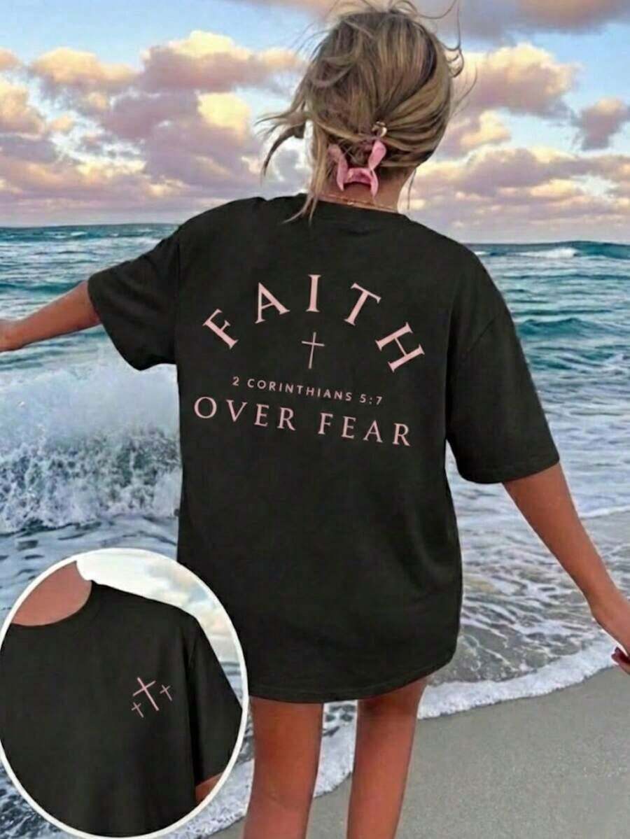 Women's "Faith Over Fear" T-Shirt With Bible Verse, Regular Fit, Christian Inspirational Graphic T-Shirt, Comfortable, Casual Short Sleeve 2026, Round Neck, Faith Clothing For Summer - 黑色 2 - 查看 1