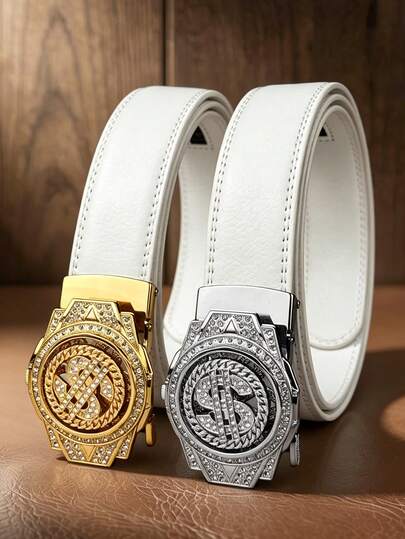 1.38in/3.5cm Wide Unisex Fashion Belt, Alloy Buckle With Dollar Sign Rhinestones, Adjustable White Ratchet Strap, Perfect Gift For Halloween, Christmas, Valentine's Day
