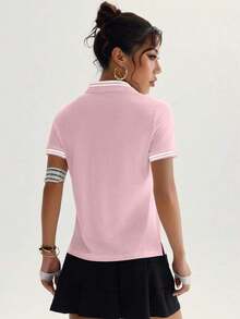 Polo Deportivo de Manga Corta con Ribete a Rayas para Mujer, Verano - Rosa - Ver 3