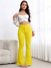 Women's Pocket Button Casual Versatile Daily Wear Flare Jeans - Amarillo - Ver 7