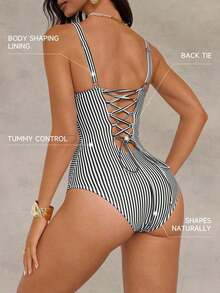Traje de baño de una pieza con control de abdomen, con cordón, espalda descubierta, a rayas azul y blanco, con efecto push-up, para playa, resort y fiesta - Blanco y Negro 2 - Ver 2