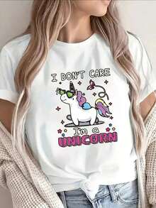 Camiseta de manga corta de poliéster para mujer con un divertido diseño de unicornio, ideal para ambientes relajados en casa, cafeterías o salidas. Es ligera, resistente y perfecta para la comodidad diaria. Camiseta casual de manga corta con cuello redondo para mujer. - Blanco - Ver 8