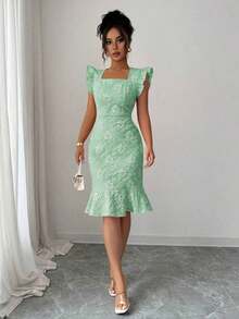 Vestido elegante de jacquard de cuello cuadrado y manga corta para uso diario, verano - Verde Claro - Ver 4