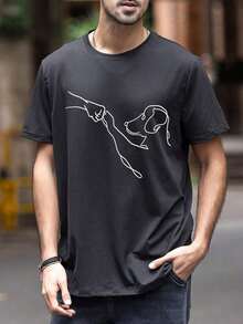 Camiseta de manga corta con estampado de perro de moda para hombre - Negro - Ver 2