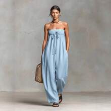 2026 Spring/Summer New Cotton-Linen Blend Simple Strapless Tube Top Jumpsuit - 粉紅色 - 查看 3